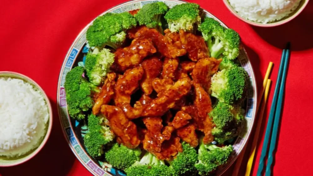 General Tso's chicken over rice at Hop Tung